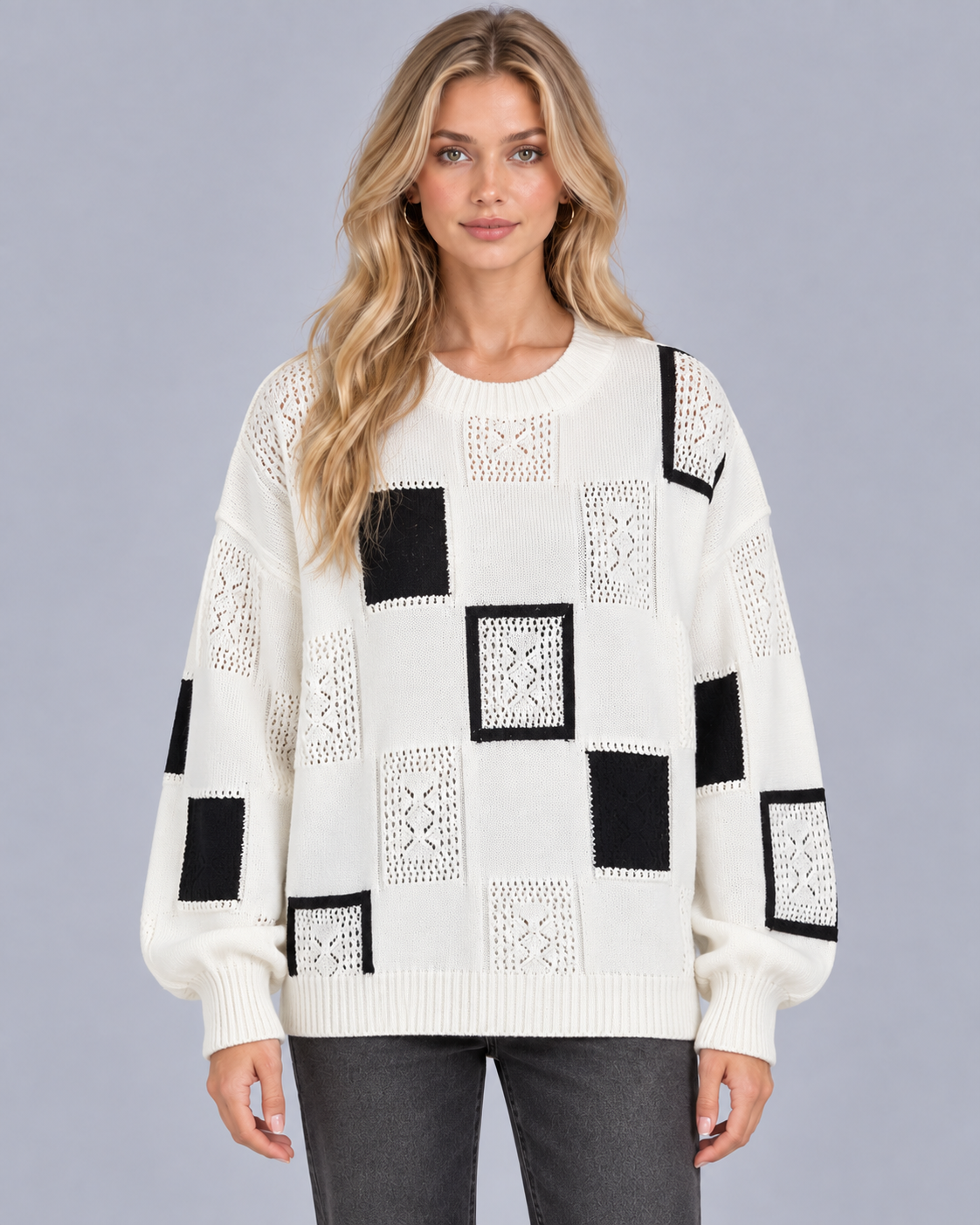 Women's Soft Knit Printed Jumper | Crewneck Sweater with Oversized Fit