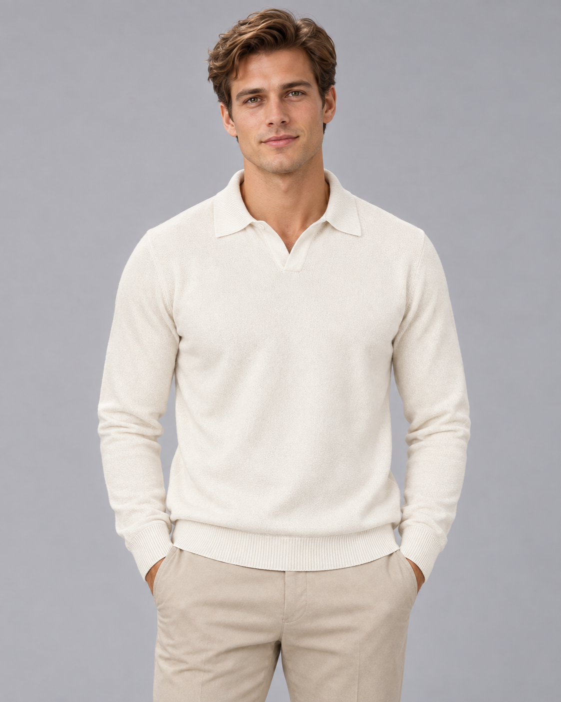 Men's Fine Knit Polo Sweater with Soft Open Johnny Collar
