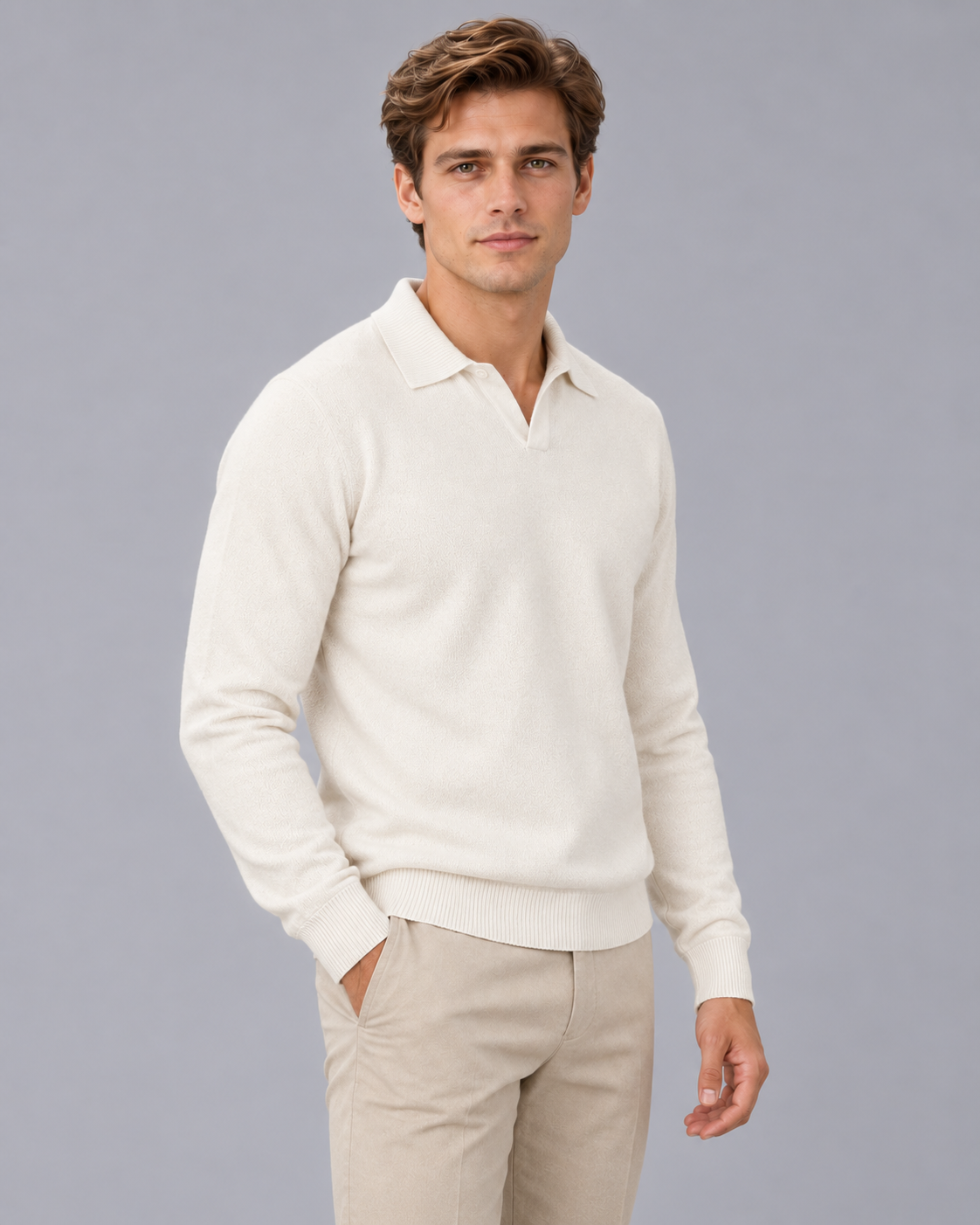 Men's Fine Knit Polo Sweater with Soft Open Johnny Collar