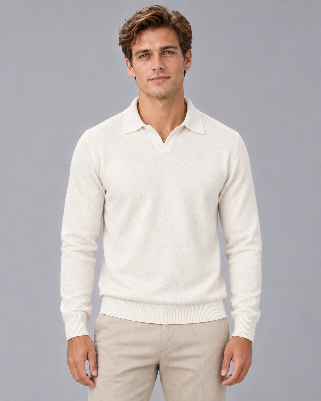 Men's Fine Knit Polo Sweater with Soft Open Johnny Collar