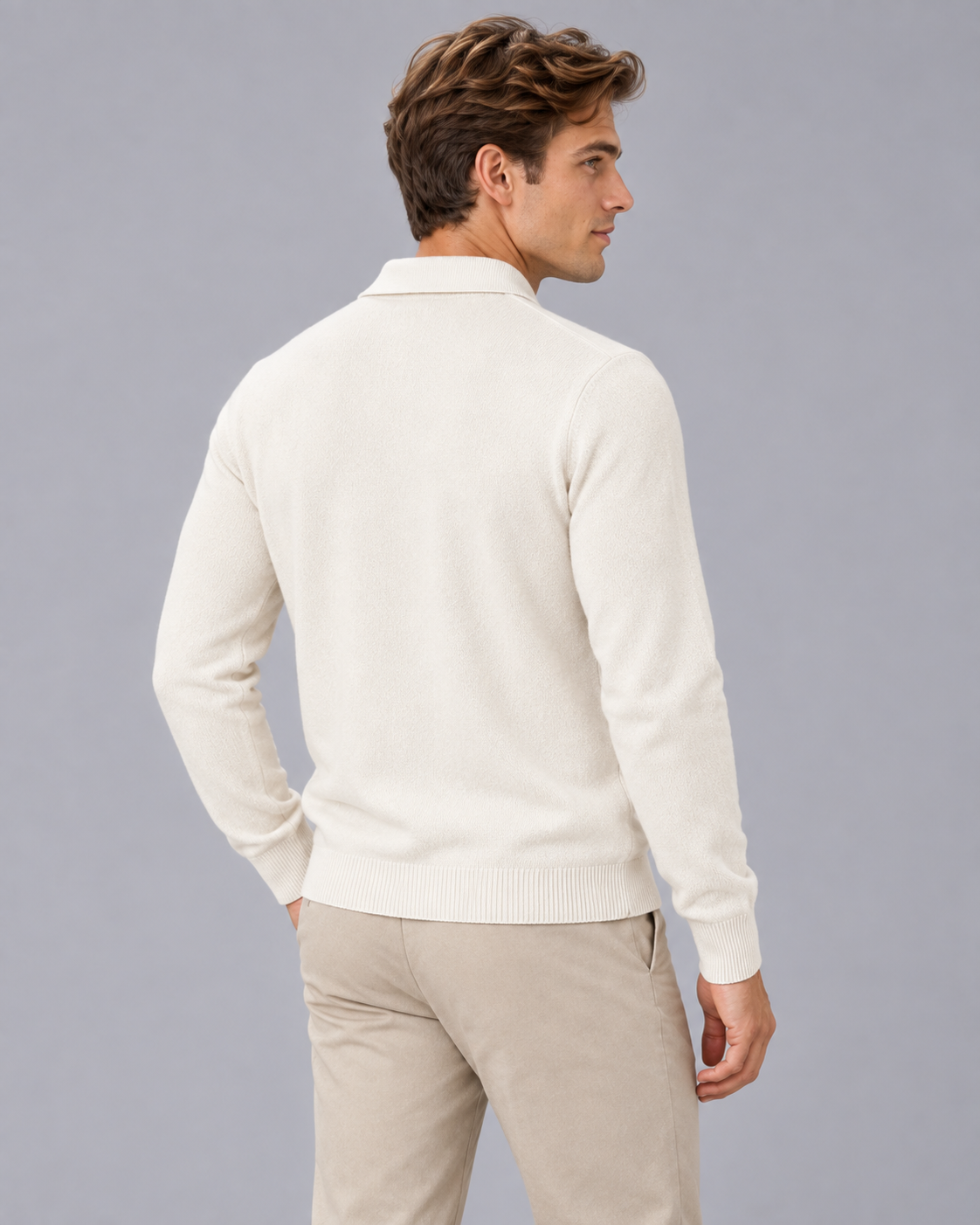 Men's Fine Knit Polo Sweater with Soft Open Johnny Collar