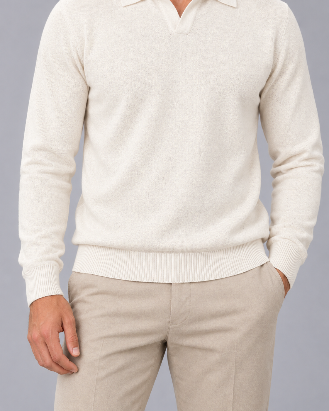 Men's Fine Knit Polo Sweater with Soft Open Johnny Collar