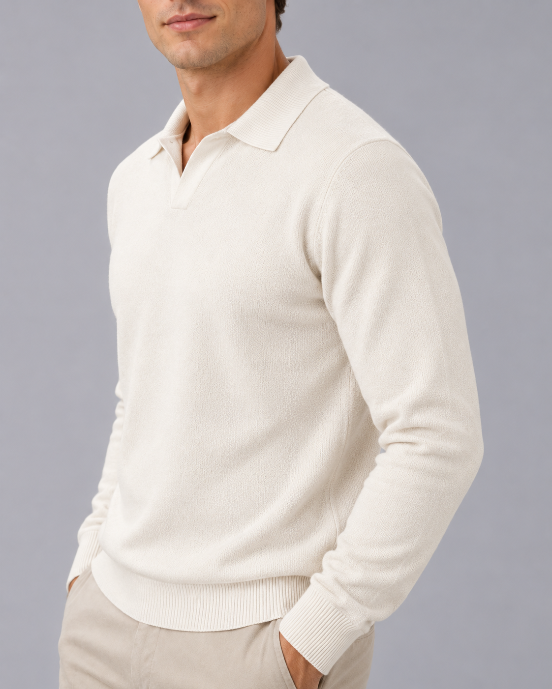 Men's Fine Knit Polo Sweater with Soft Open Johnny Collar