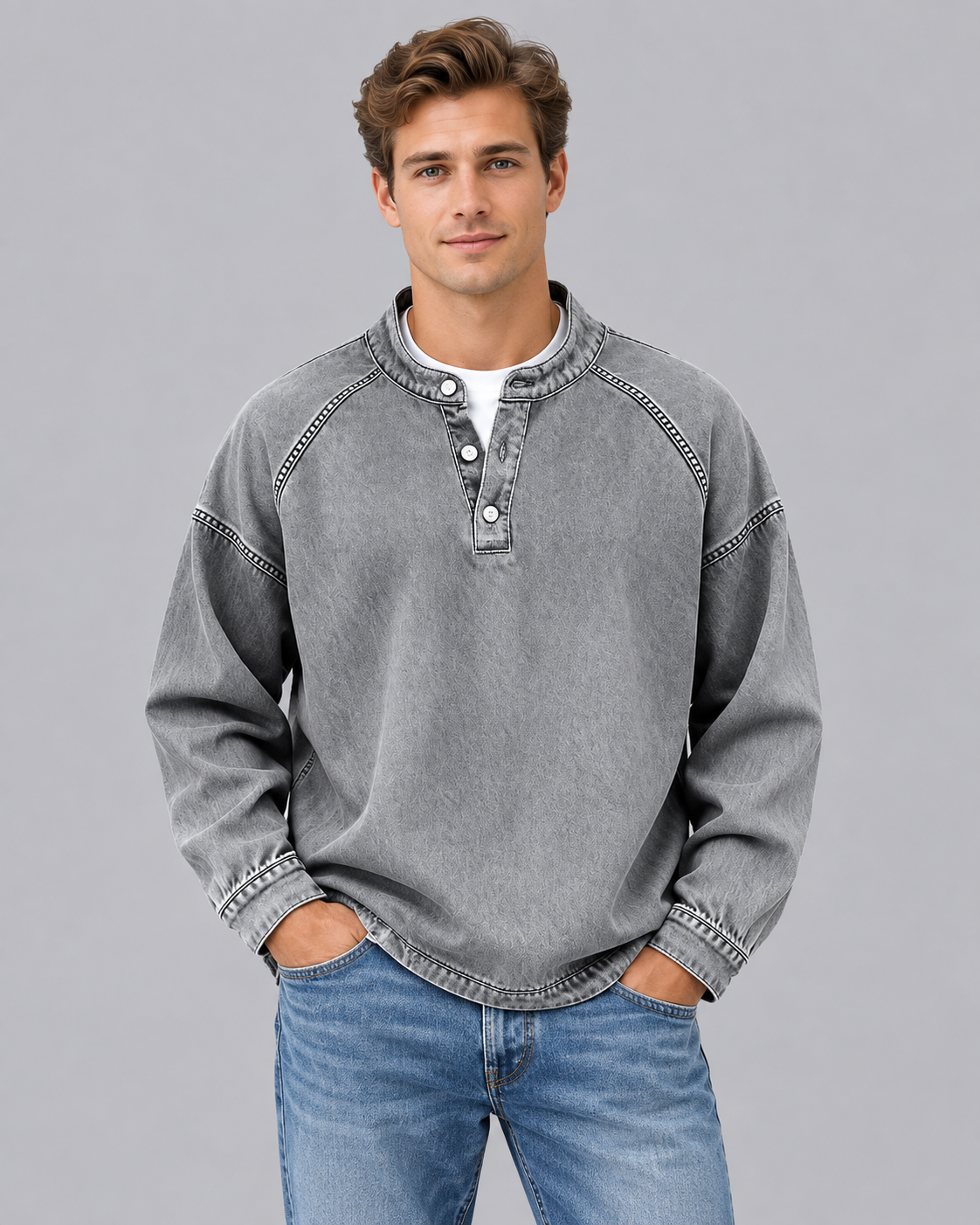 Men's Washed Vintage Henley Sweater | Long Sleeve Retro Jumper