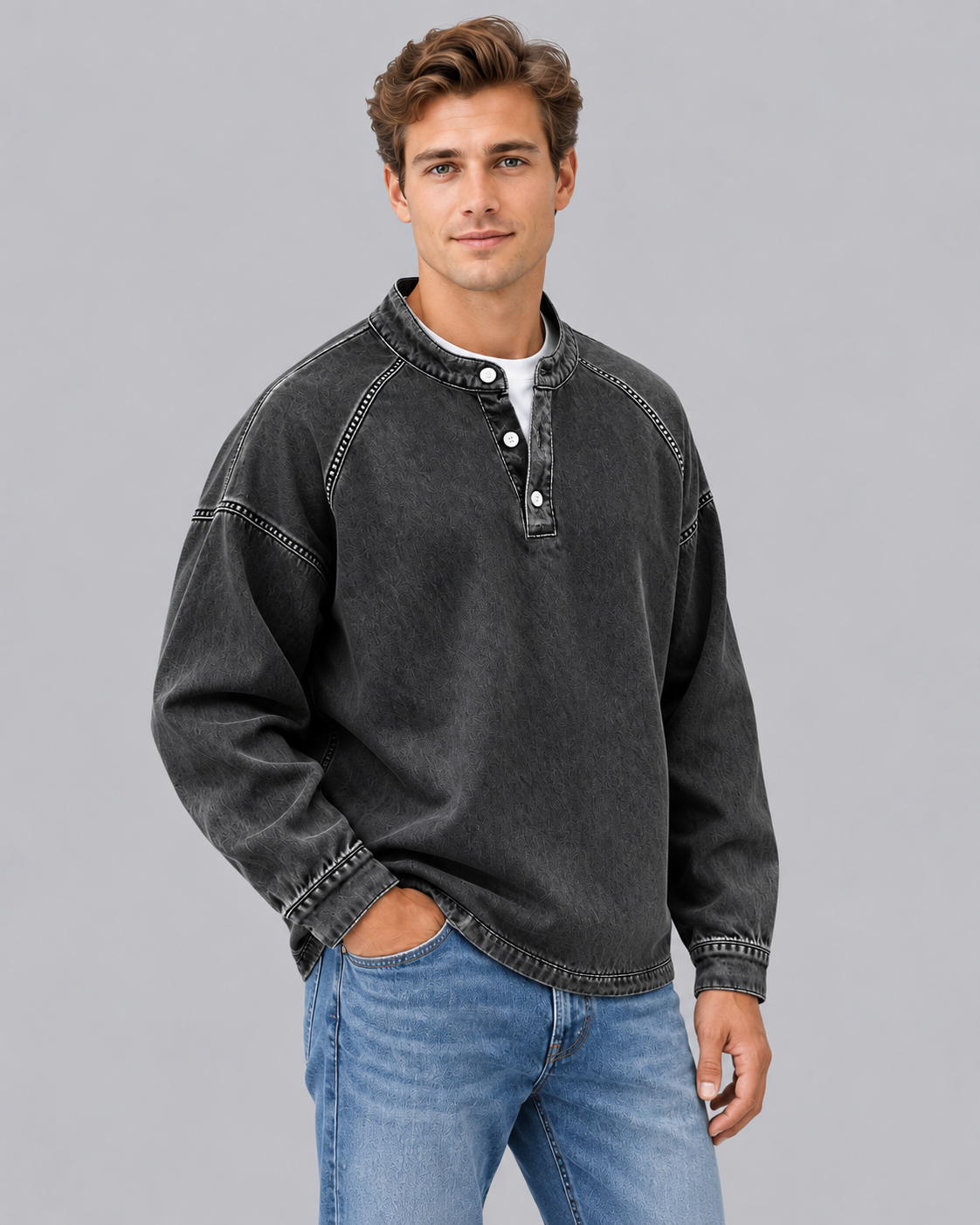 Men's Washed Vintage Henley Sweater | Long Sleeve Retro Jumper