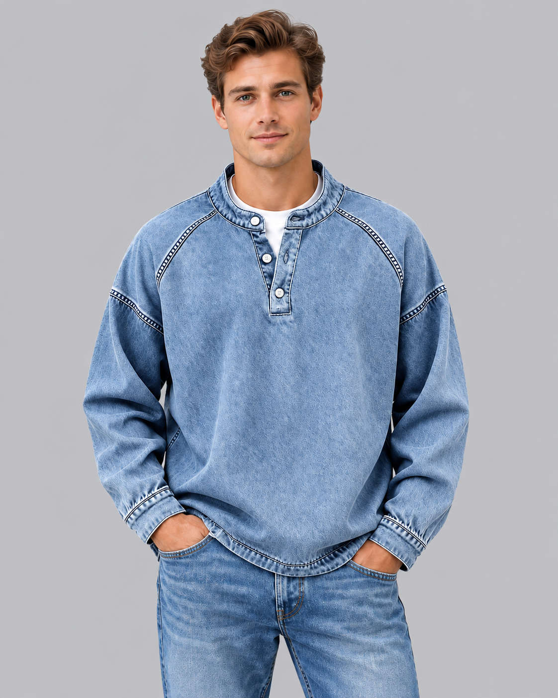 Men's Washed Vintage Henley Sweater | Long Sleeve Retro Jumper