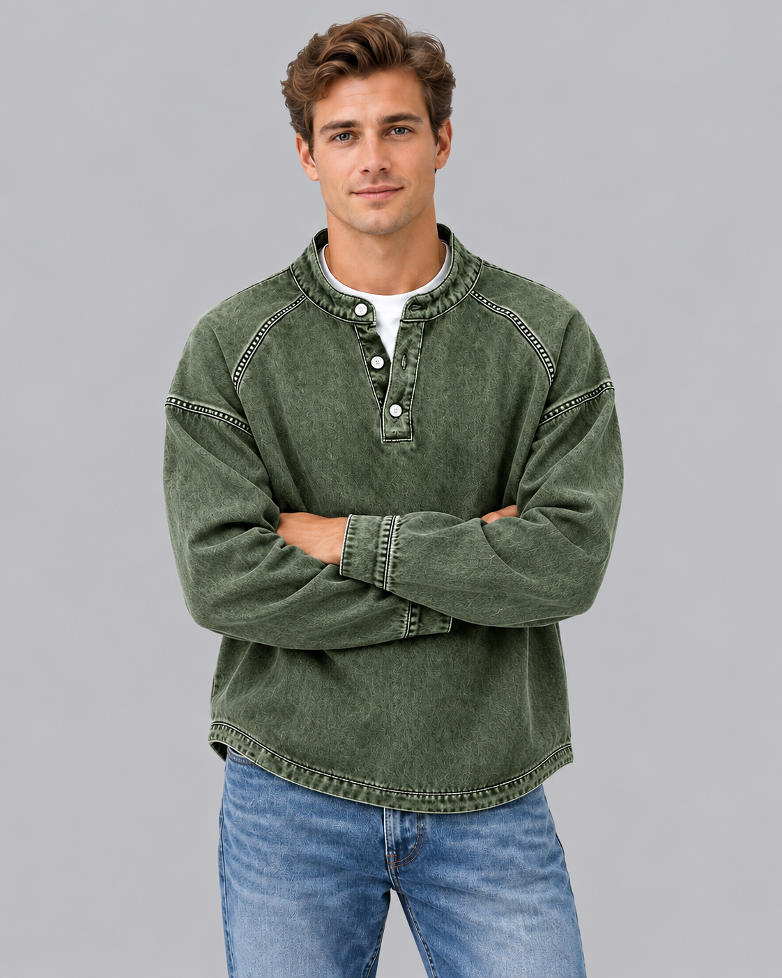 Men's Washed Vintage Henley Sweater | Long Sleeve Retro Jumper