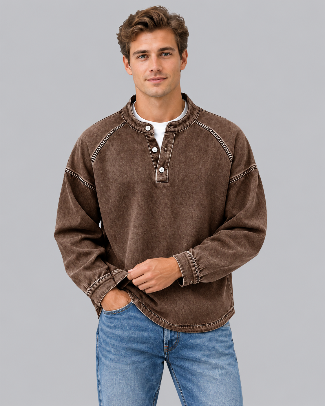 Men's Washed Vintage Henley Sweater | Long Sleeve Retro Jumper