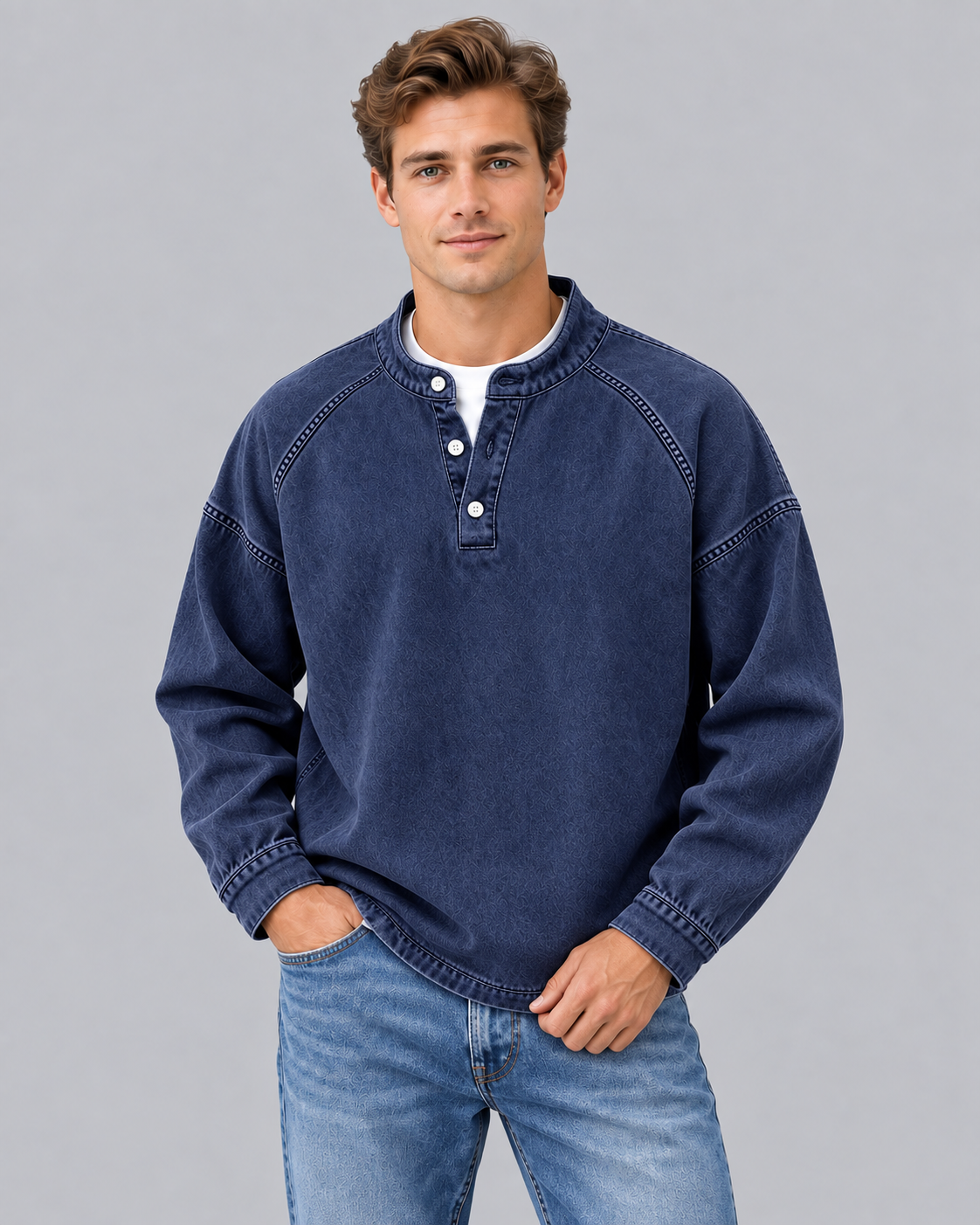 Men's Washed Vintage Henley Sweater | Long Sleeve Retro Jumper
