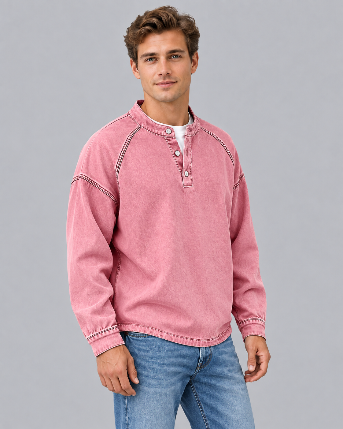 Men's Washed Vintage Henley Sweater | Long Sleeve Retro Jumper
