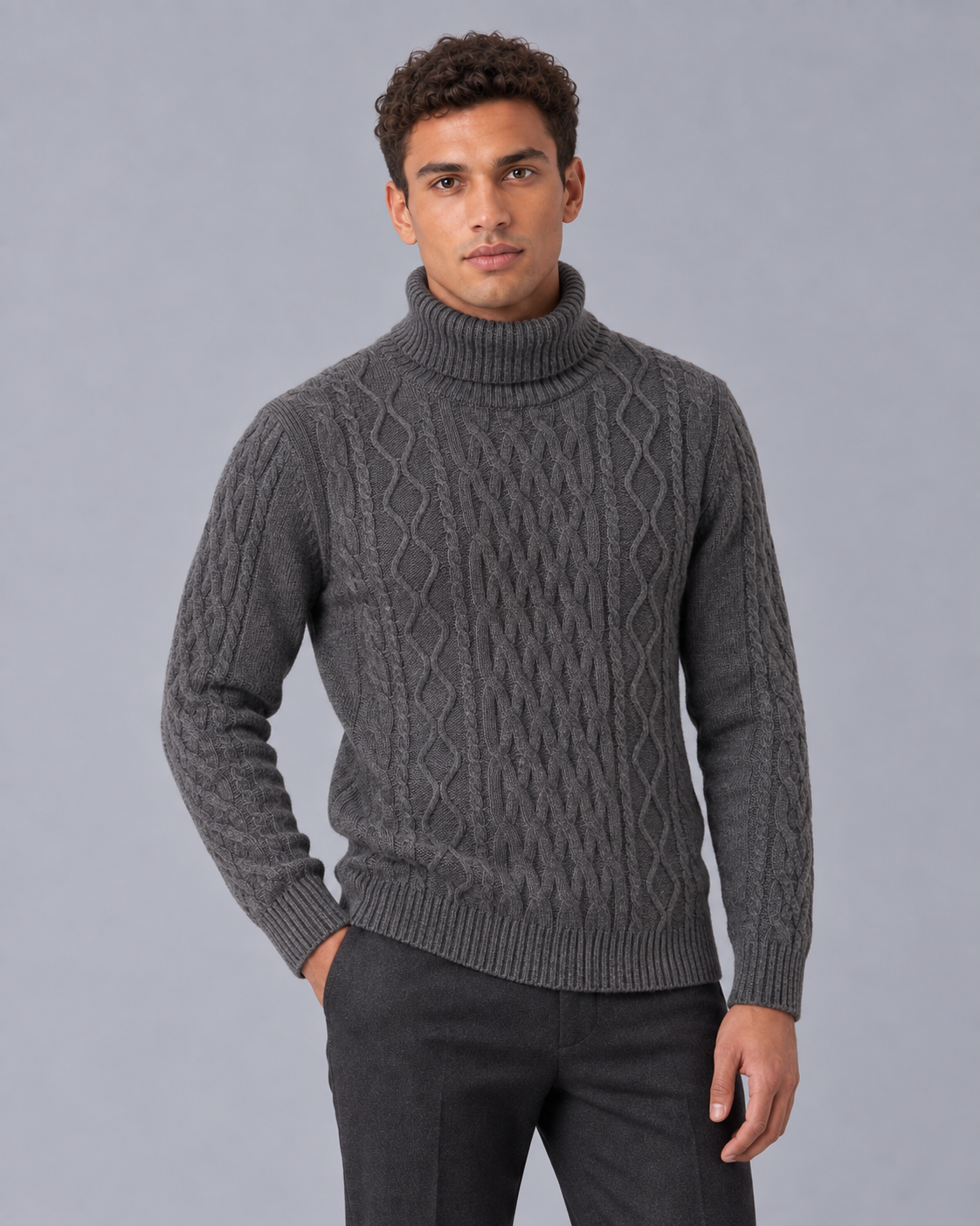 Men's Wool Cable Knit Roll Neck Jumper