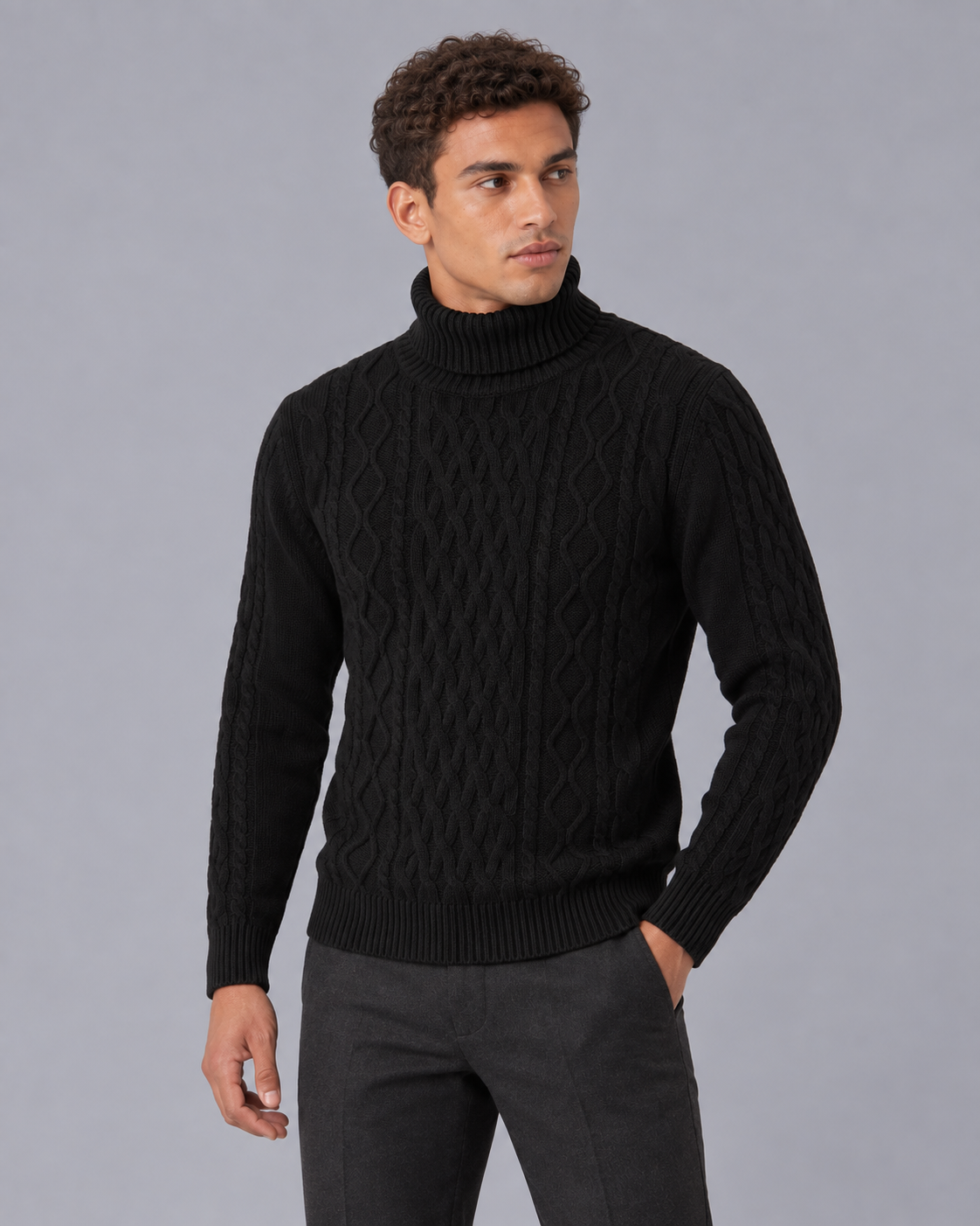 Men's Wool Cable Knit Roll Neck Jumper