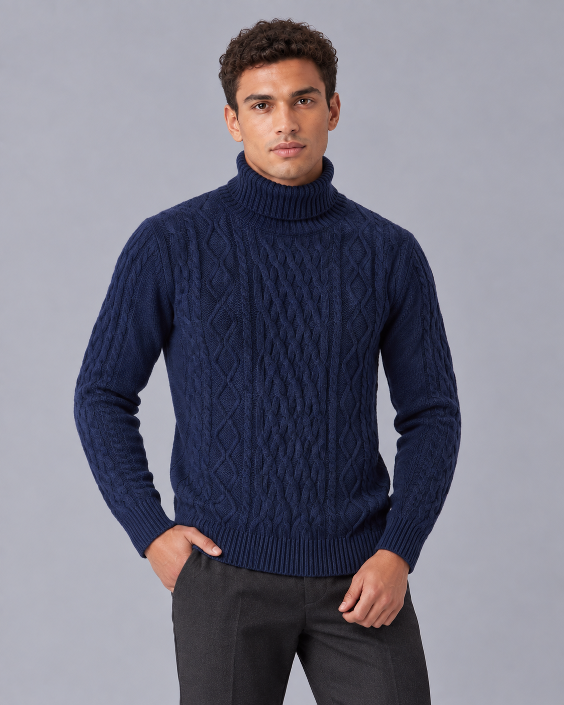 Men's Wool Cable Knit Roll Neck Jumper