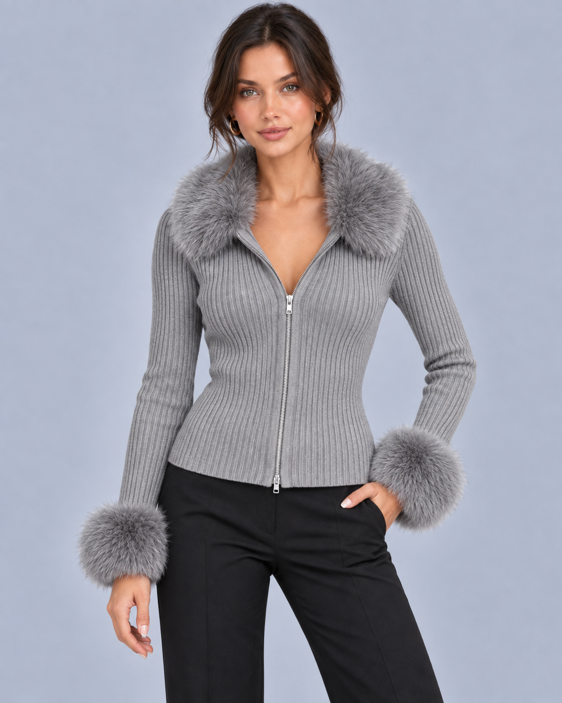 Women's Ribbed Knit Cardigan Sweater | Elegant Faux Fur Trim Long Sleeve Zip-Up