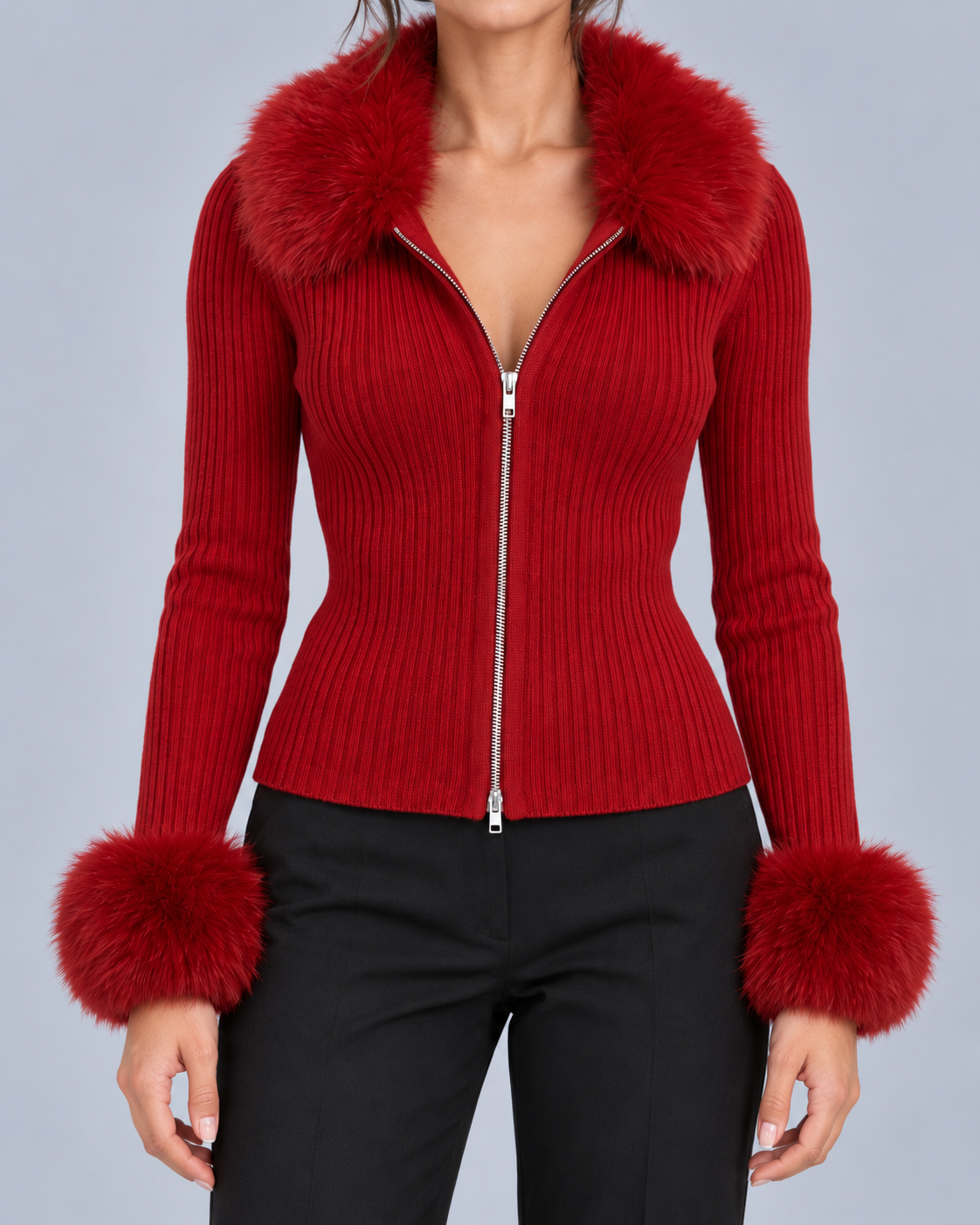 Women's Ribbed Knit Cardigan Sweater | Elegant Faux Fur Trim Long Sleeve Zip-Up