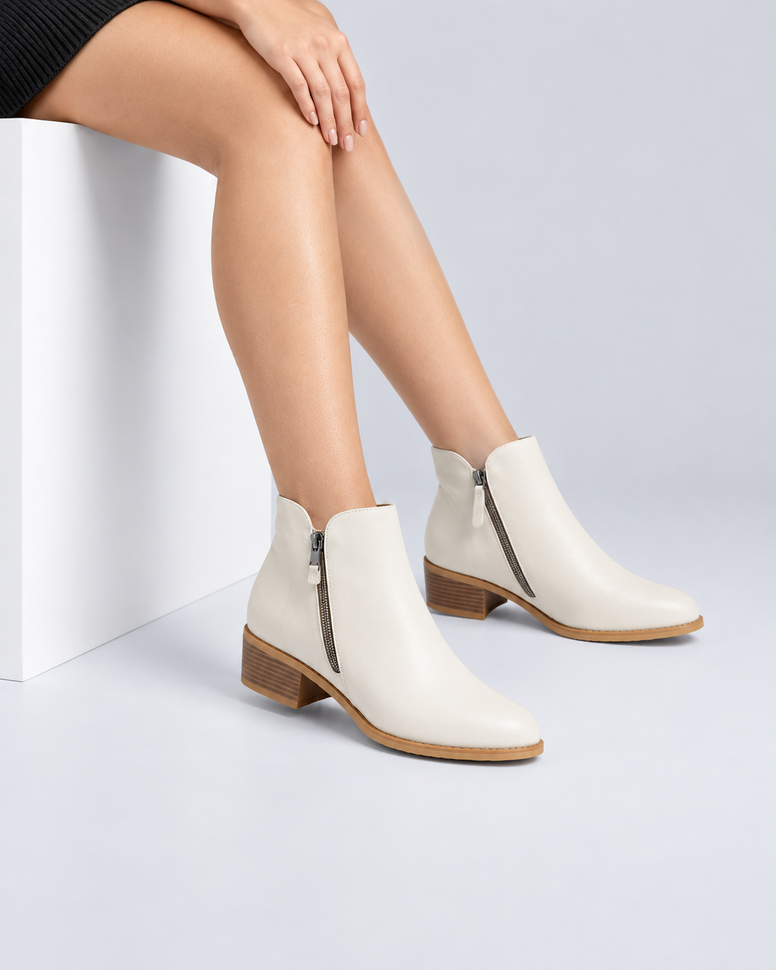 Women's Structured Leather Ankle Boots with Low Block Heel