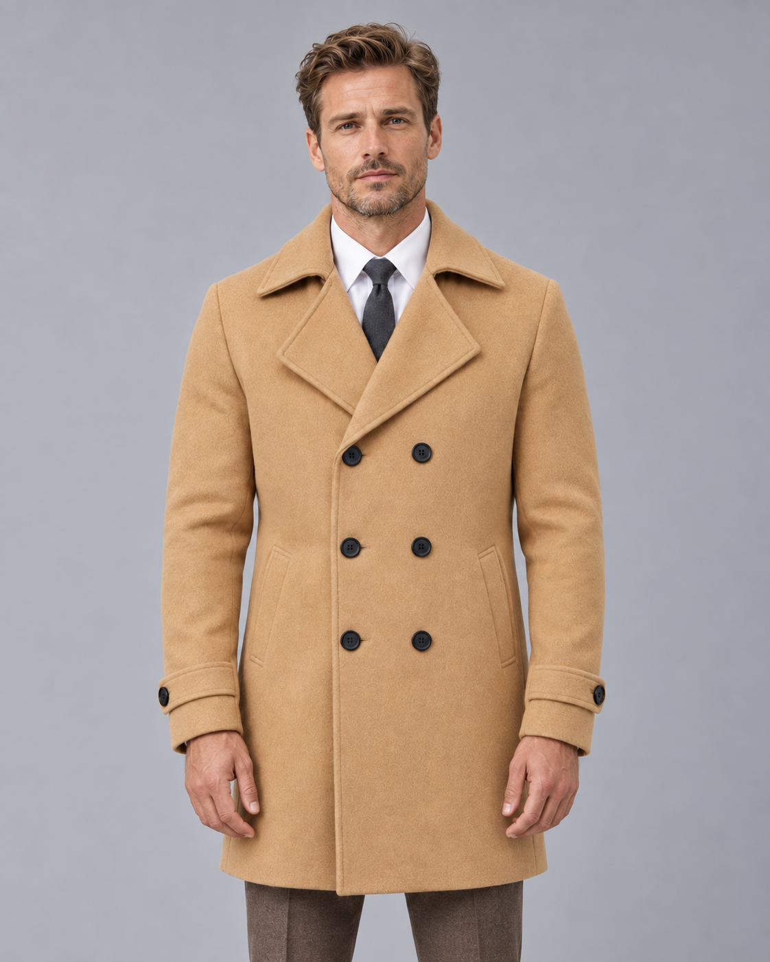 Men's Double-Breasted Wool Overcoat - Wide Lapel