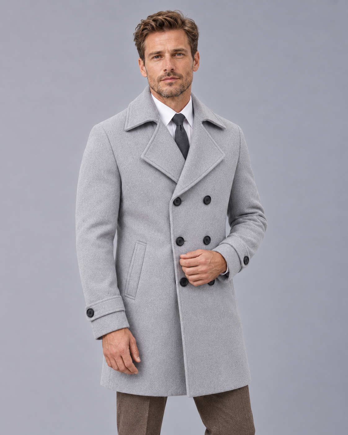 Men's Double-Breasted Wool Overcoat - Wide Lapel