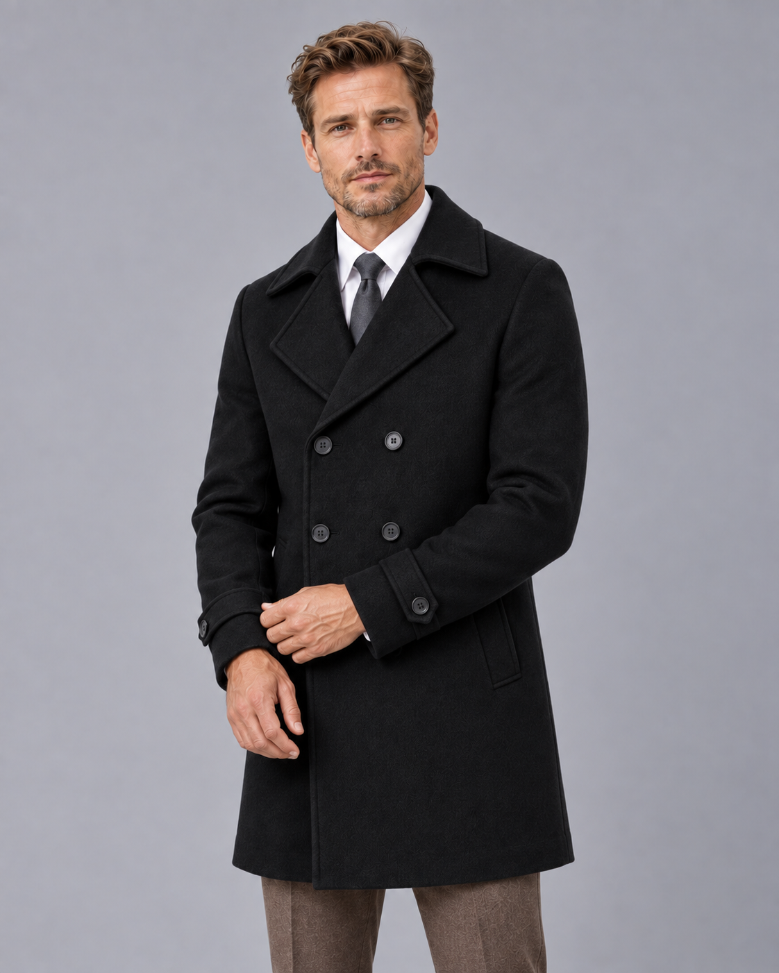 Men's Double-Breasted Wool Overcoat - Wide Lapel