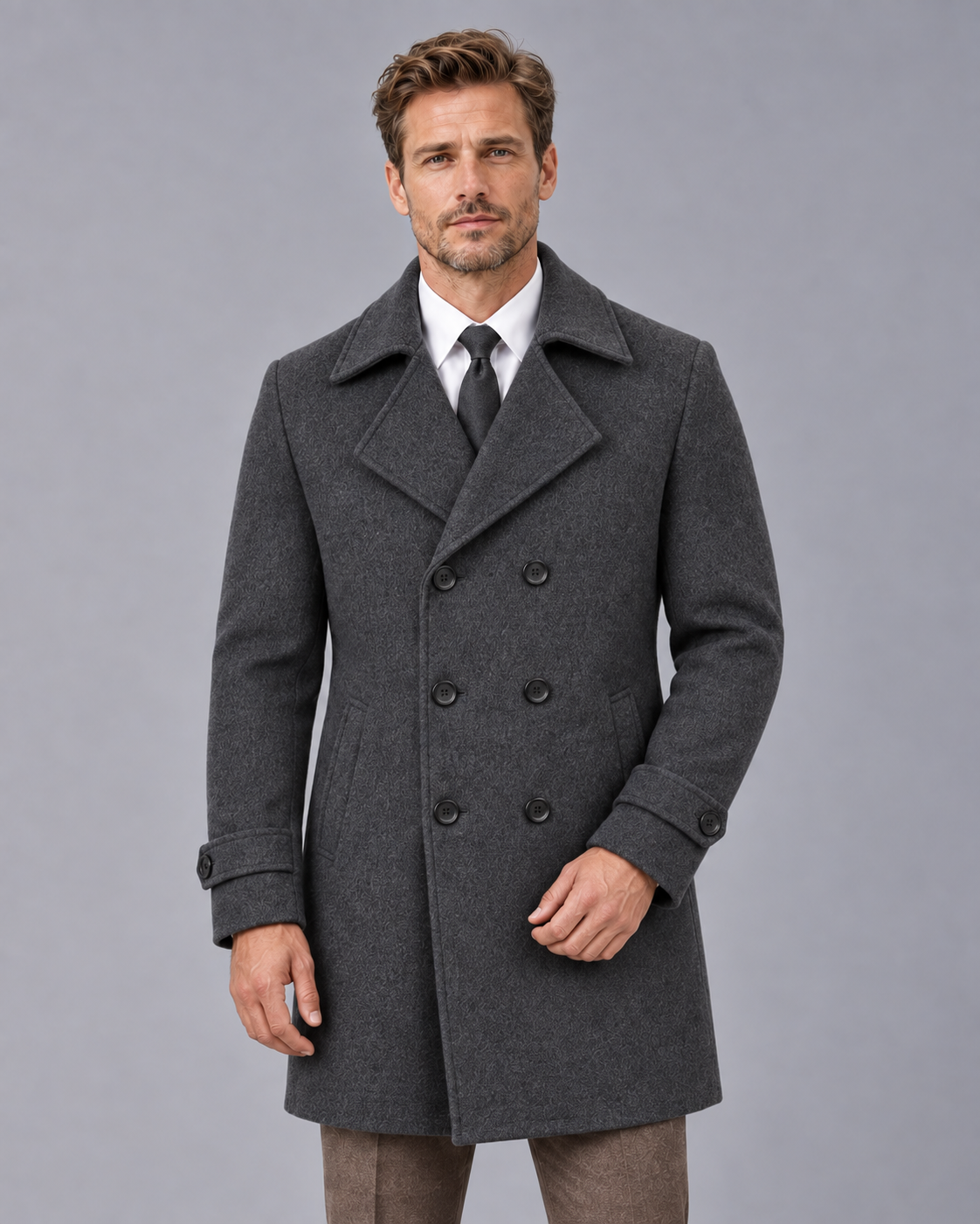Men's Double-Breasted Wool Overcoat - Wide Lapel