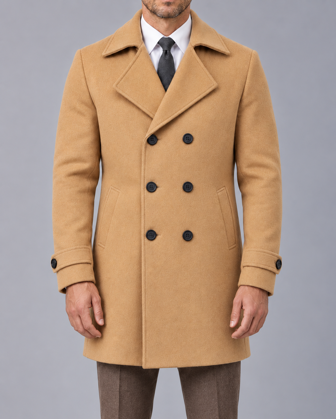 Men's Double-Breasted Wool Overcoat - Wide Lapel
