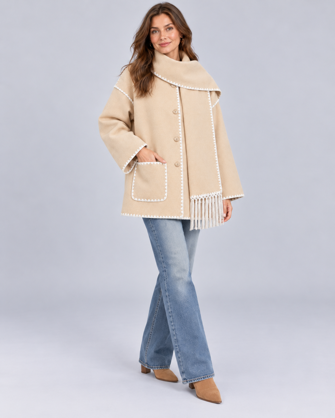 Women's Oversized Whipstitch Fringe Scarf Coat