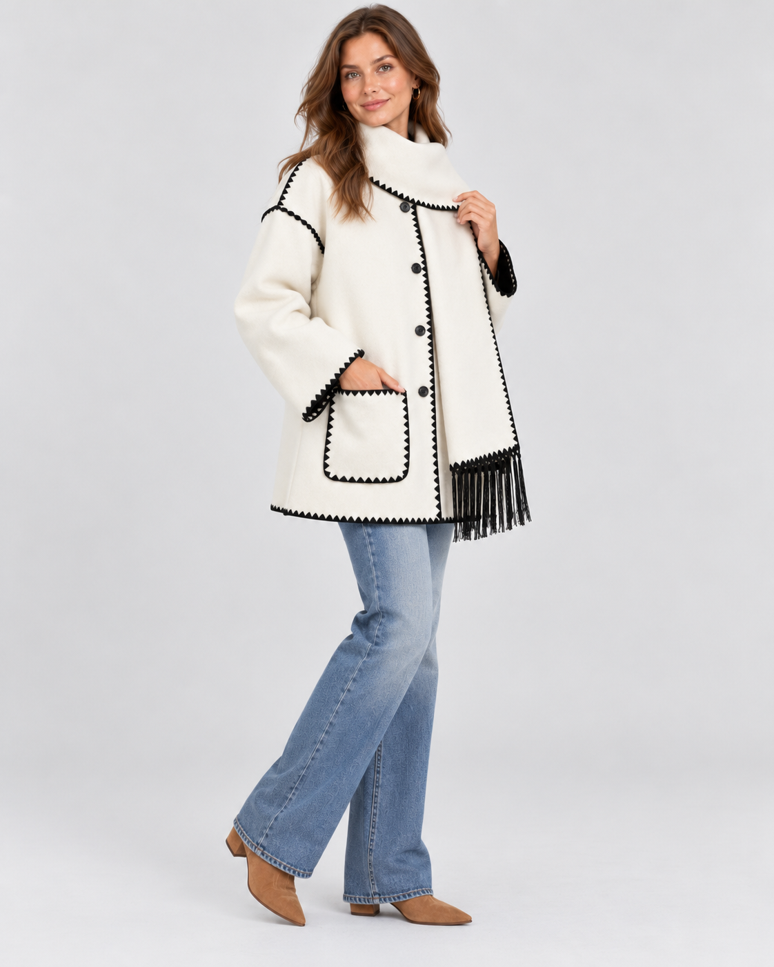 Women's Oversized Whipstitch Fringe Scarf Coat