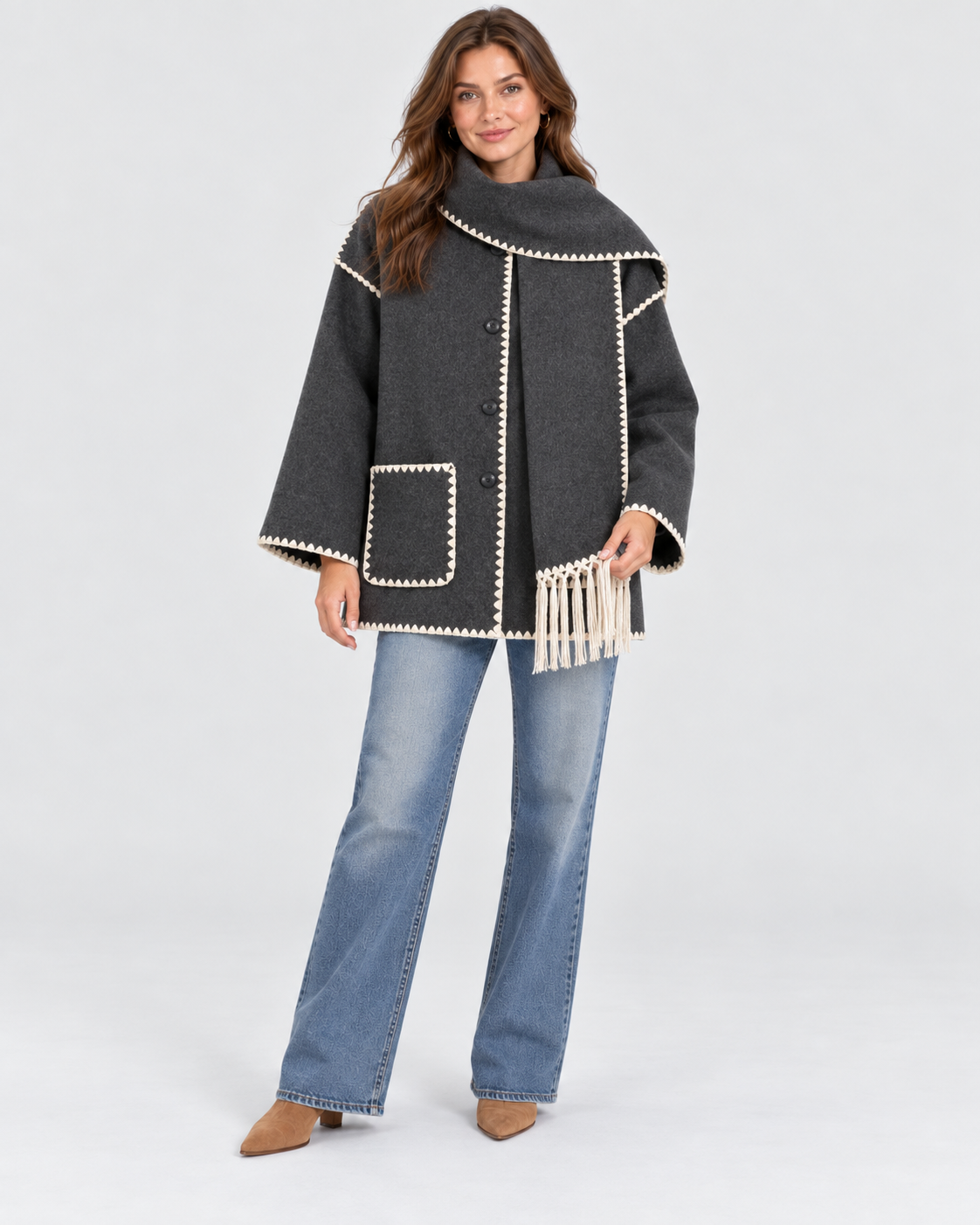 Women's Oversized Whipstitch Fringe Scarf Coat