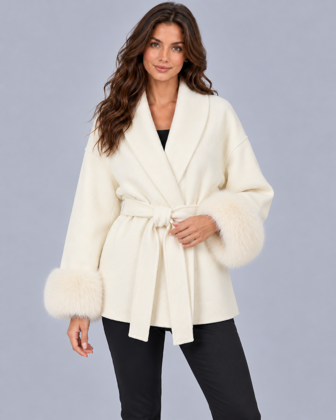 Women's Belted Wrap Coat with Faux Fur Cuffs and Shawl Collar