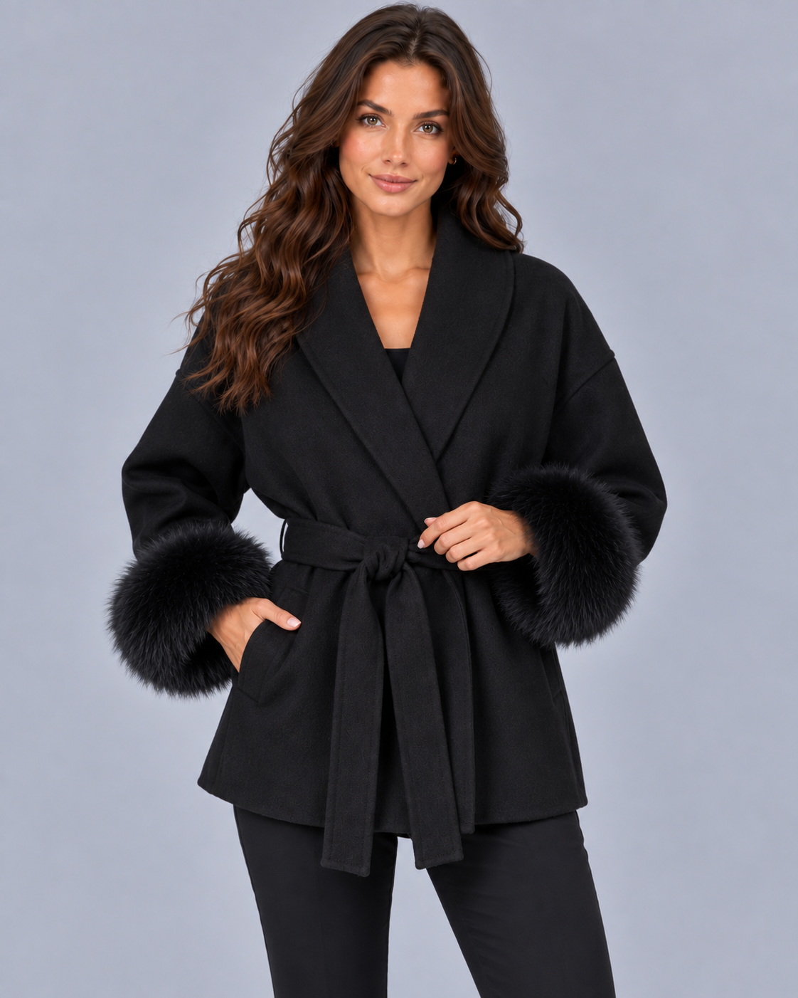 Women's Belted Wrap Coat with Faux Fur Cuffs and Shawl Collar