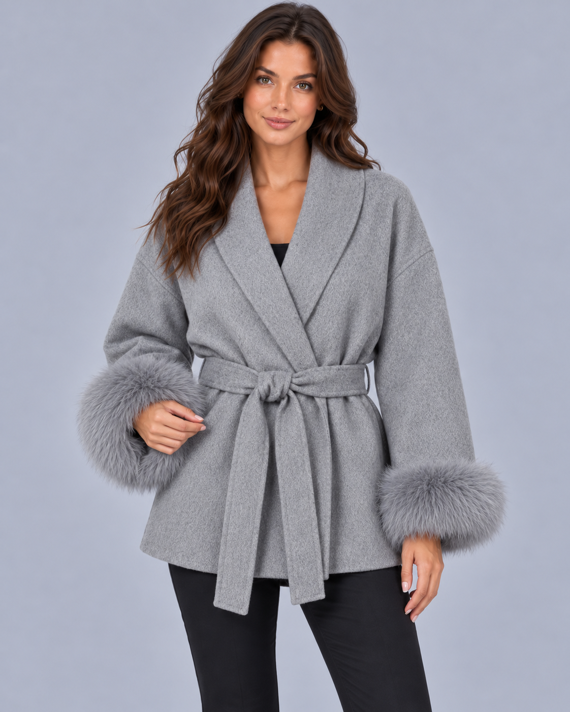 Women's Belted Wrap Coat with Faux Fur Cuffs and Shawl Collar
