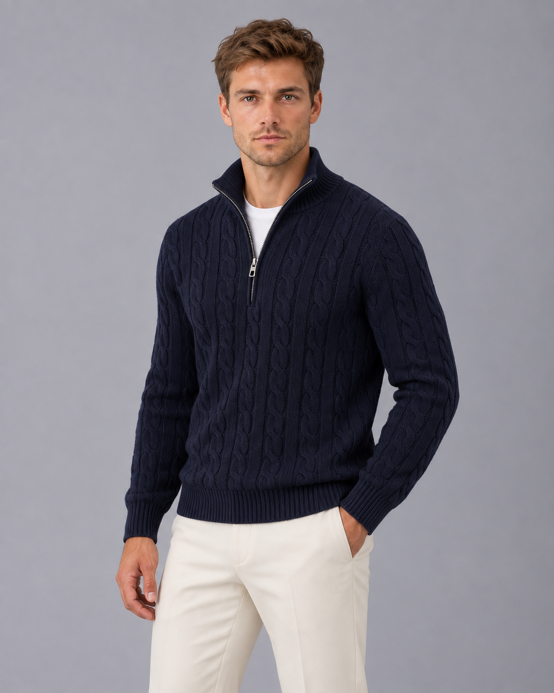 Men's Cable Knit Quarter Zip Sweater | Smart Jumper Fit