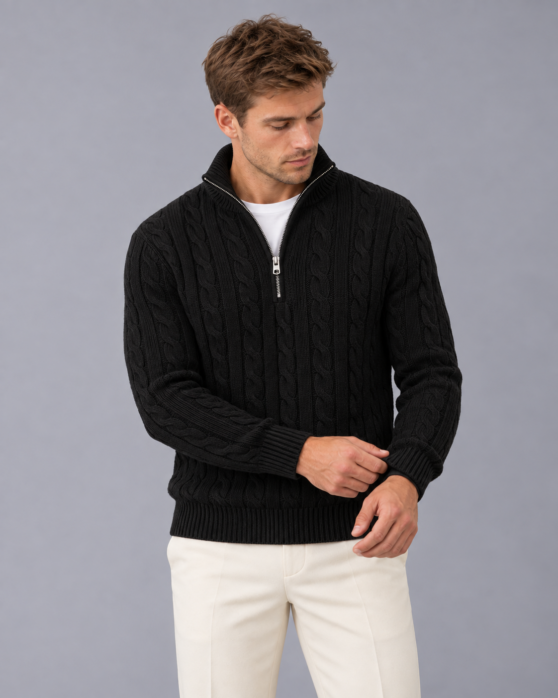 Men's Cable Knit Quarter Zip Sweater | Smart Jumper Fit