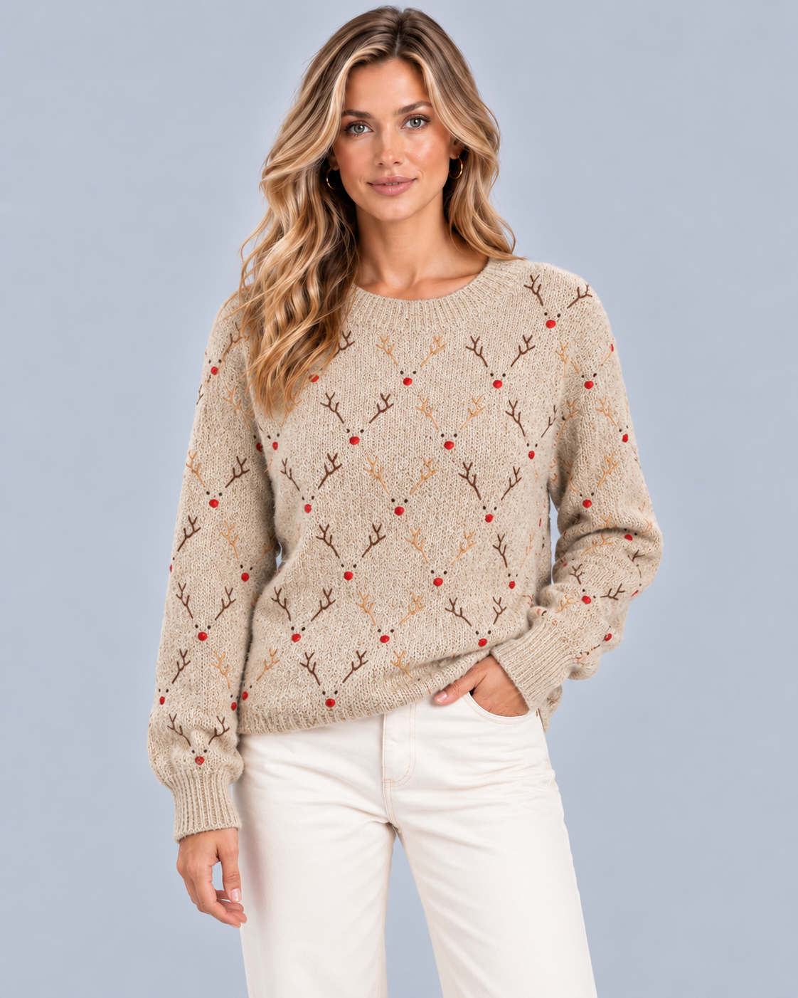 Women's Cozy Crewneck Knitted Jumper | Classic Christmas Reindeer Design with Regular Fit