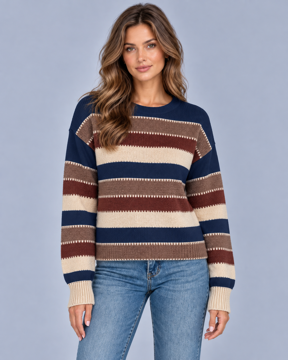 Women's Vintage Striped Crew Neck Jumper | Long Sleeve Knitted Pullover with Loose Fit