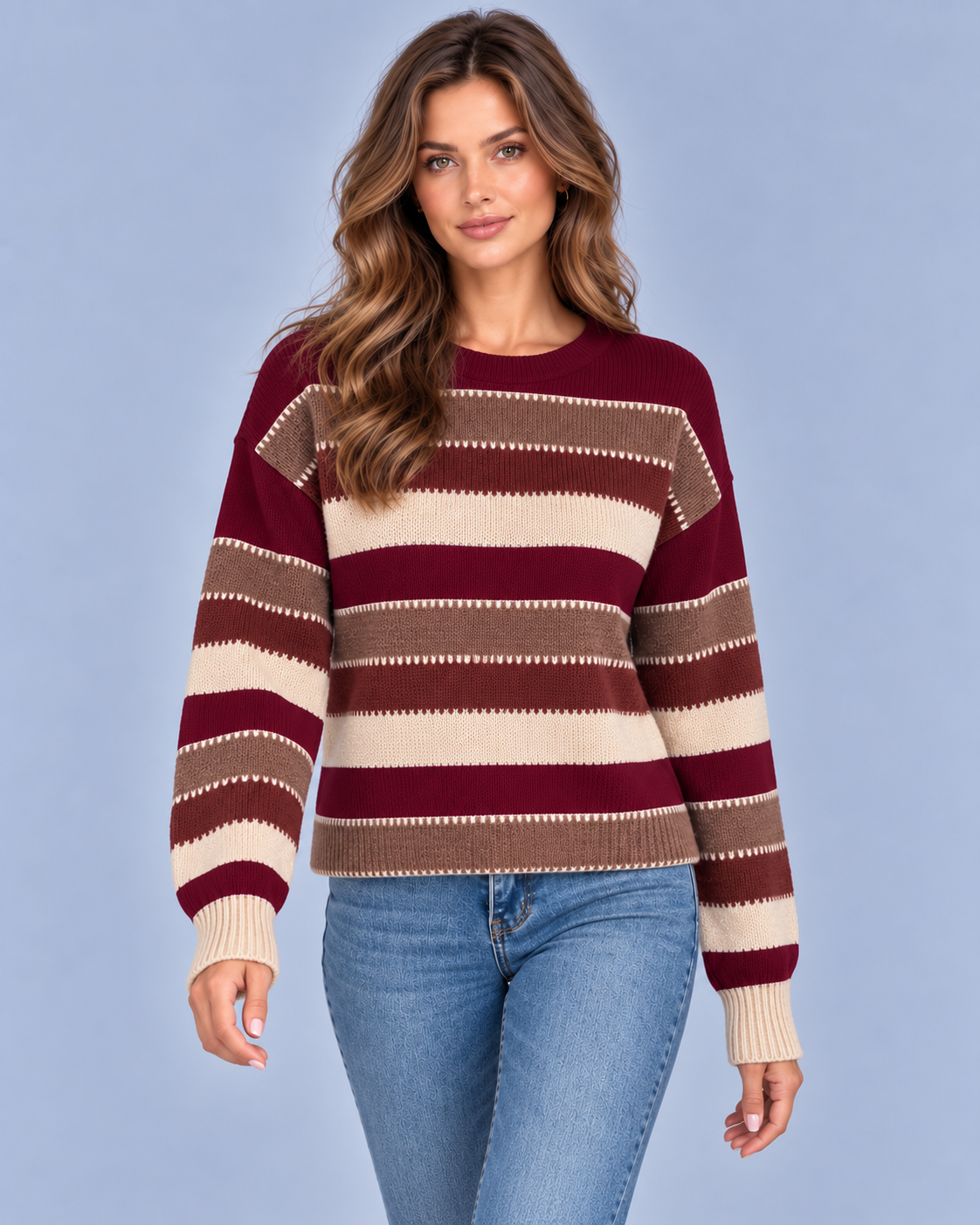 Women's Vintage Striped Crew Neck Jumper | Long Sleeve Knitted Pullover with Loose Fit