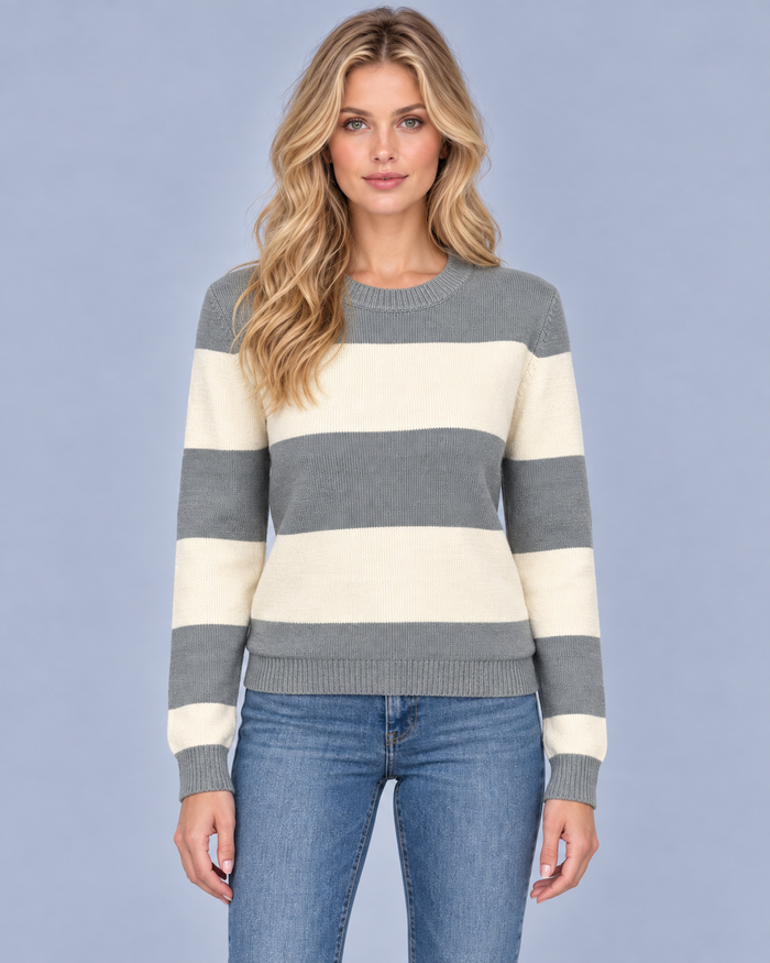 Women's Colour Block Sweater with Round Neck Long-sleeve Pullover