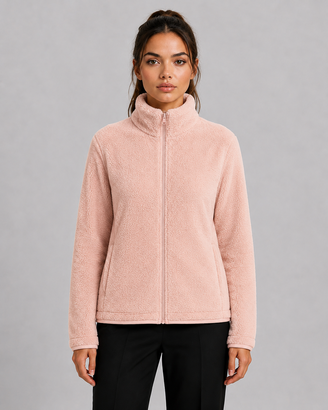 Women's Teddy Fleece Cardigan with High Collar & Soft Lining