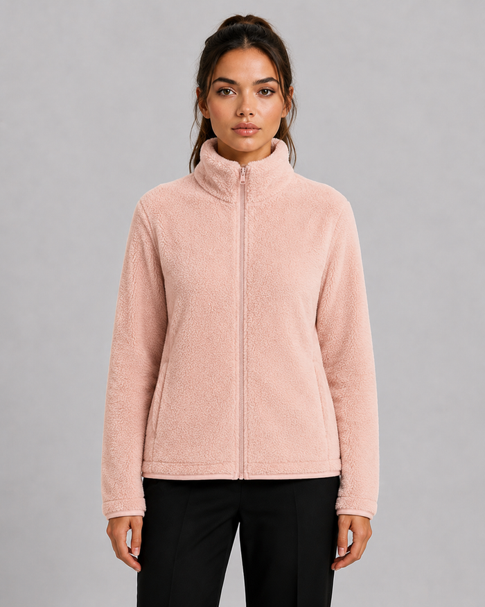 Women's Teddy Fleece Cardigan with High Collar & Soft Lining