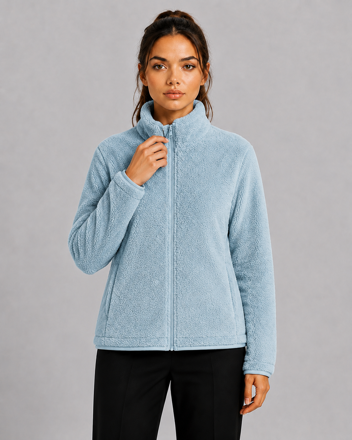 Women's Teddy Fleece Cardigan with High Collar & Soft Lining