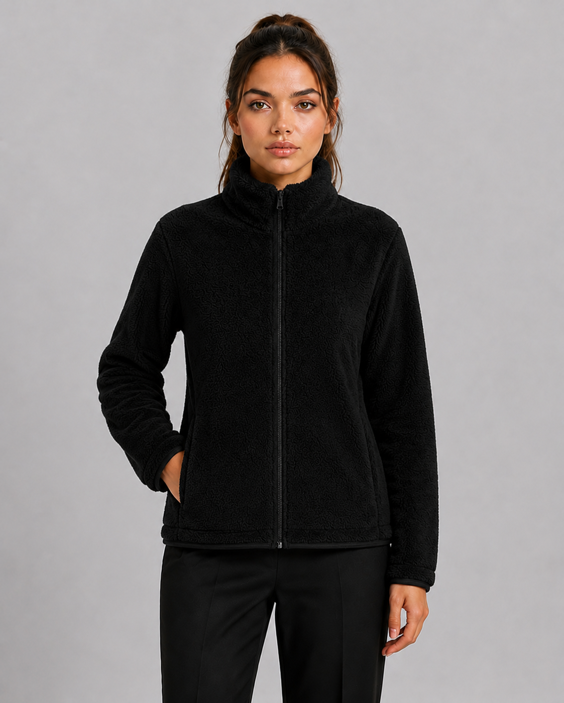 Women's Teddy Fleece Cardigan with High Collar & Soft Lining
