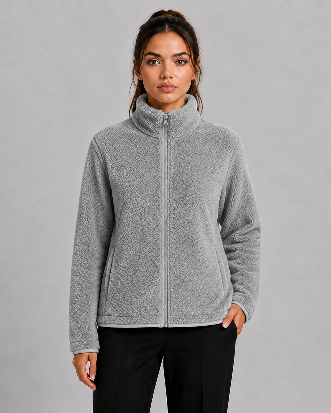 Women's Teddy Fleece Cardigan with High Collar & Soft Lining