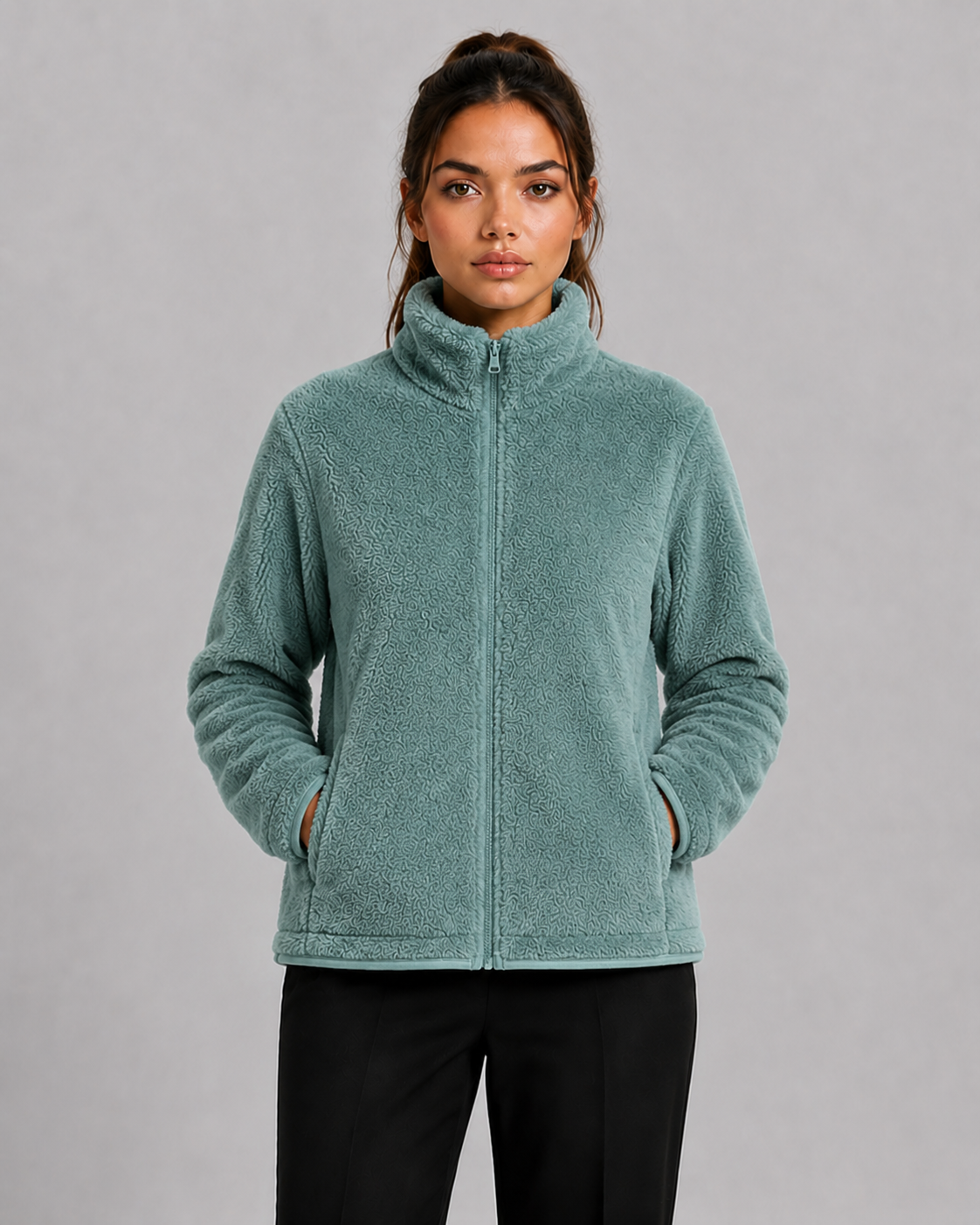 Women's Teddy Fleece Cardigan with High Collar & Soft Lining
