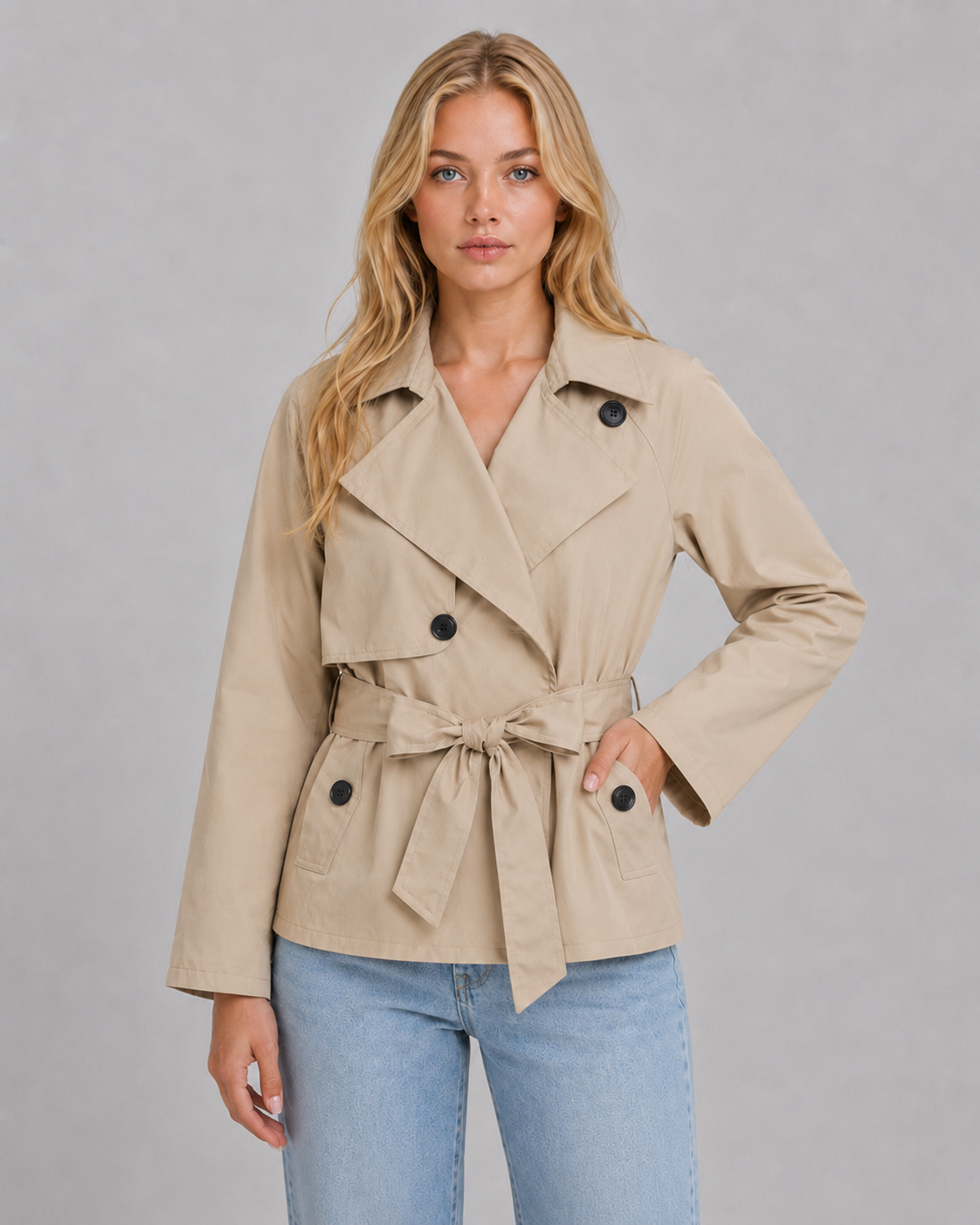 Women's Cropped Trench Coat with Double-Breasted Front & Tie Waist