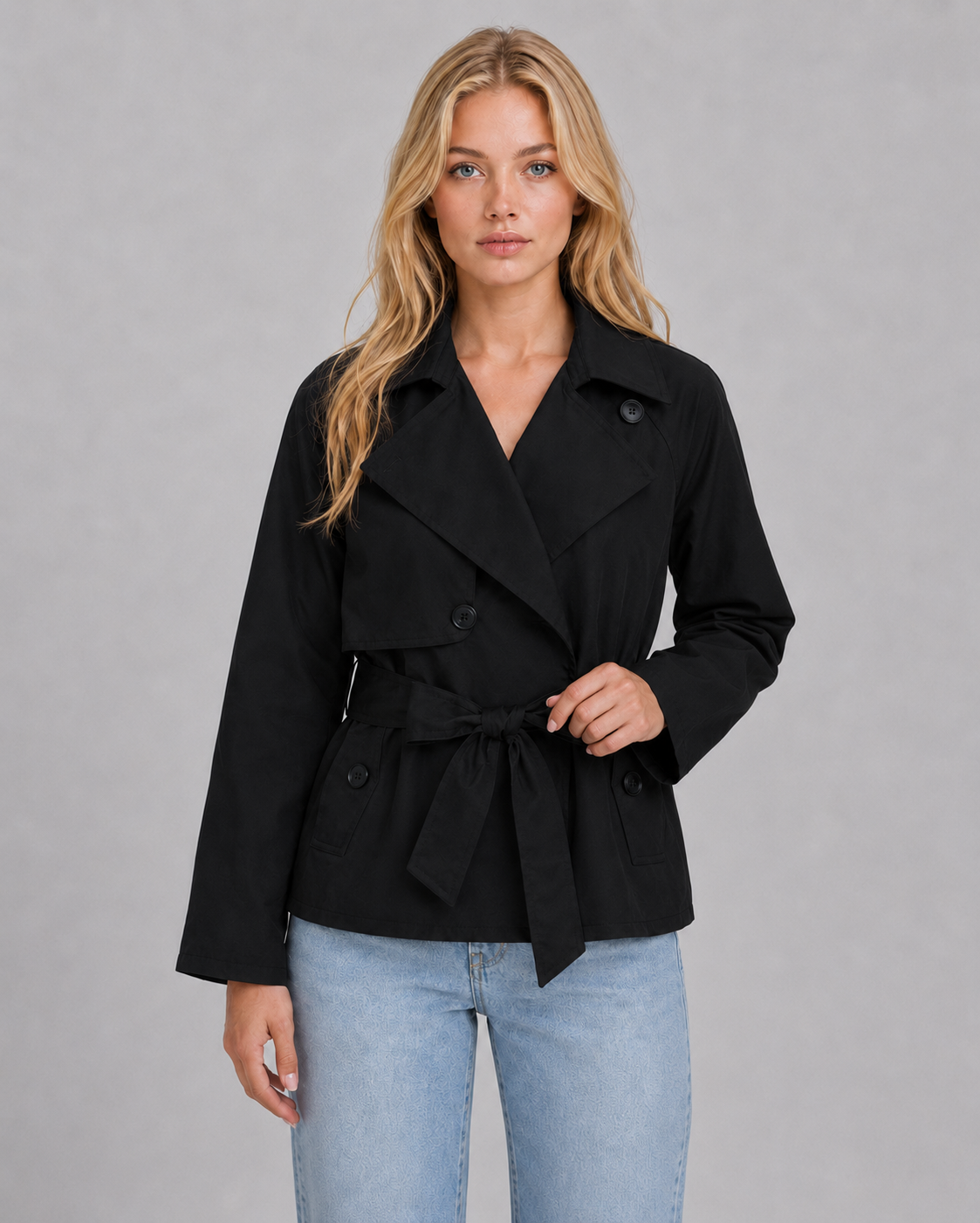 Women's Cropped Trench Coat with Double-Breasted Front & Tie Waist