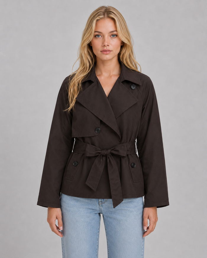 Women's Cropped Trench Coat with Double-Breasted Front & Tie Waist