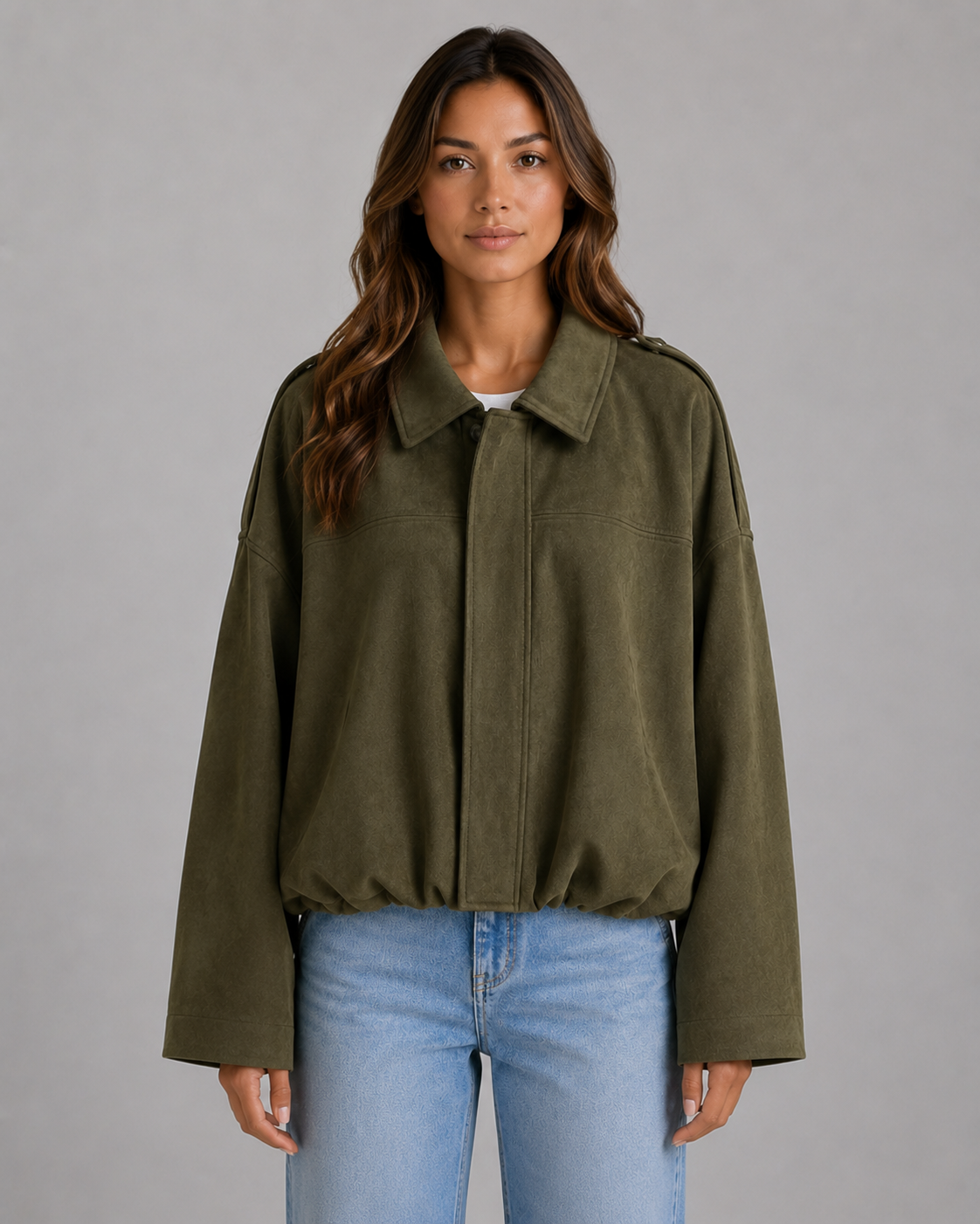 Women's Faux Suede Bomber Jacket - Oversized Fit