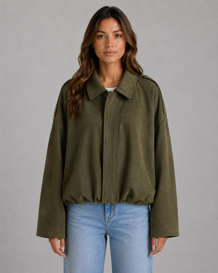 Women's Faux Suede Bomber Jacket - Oversized Fit