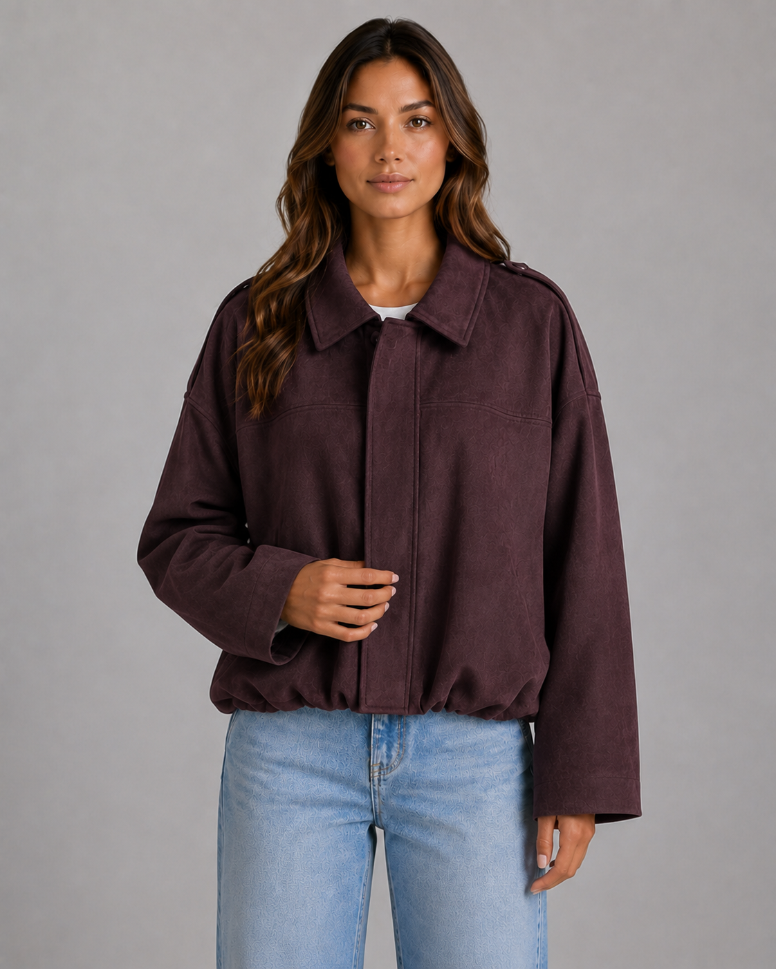 Women's Faux Suede Bomber Jacket - Oversized Fit