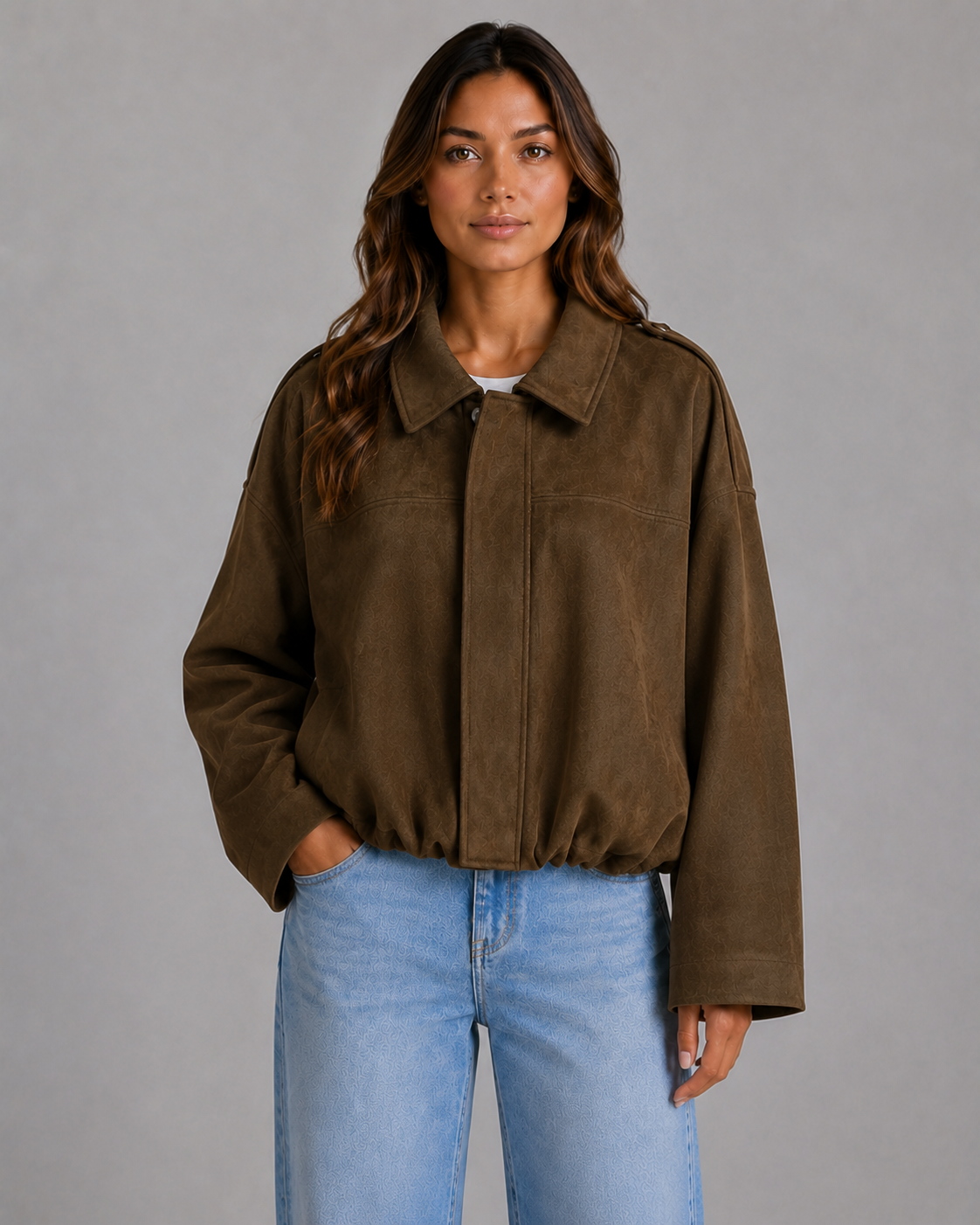 Women's Faux Suede Bomber Jacket - Oversized Fit